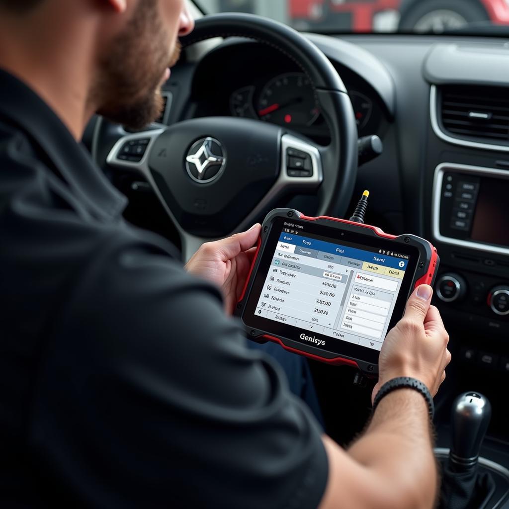 Technician Using Genisys Touch Scan Tool to Diagnose Car Problem