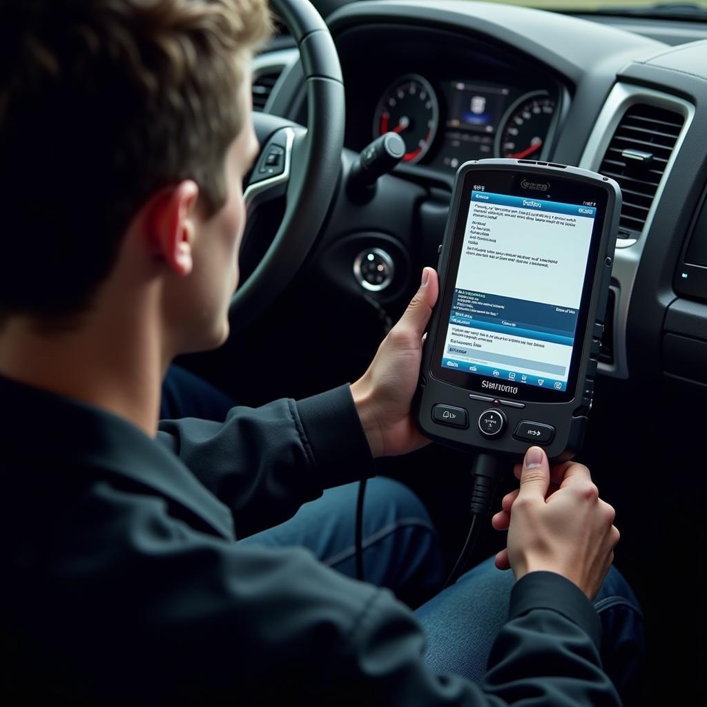 Technician Using a GM Diagnostic Tool on a Vehicle