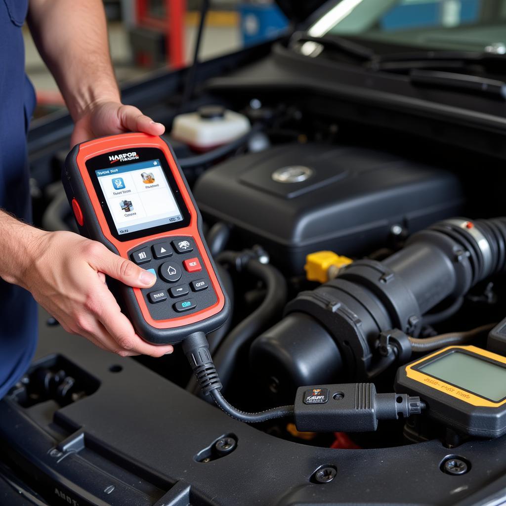 Technician using a Harbor Freight diagnostic tool on a car engine