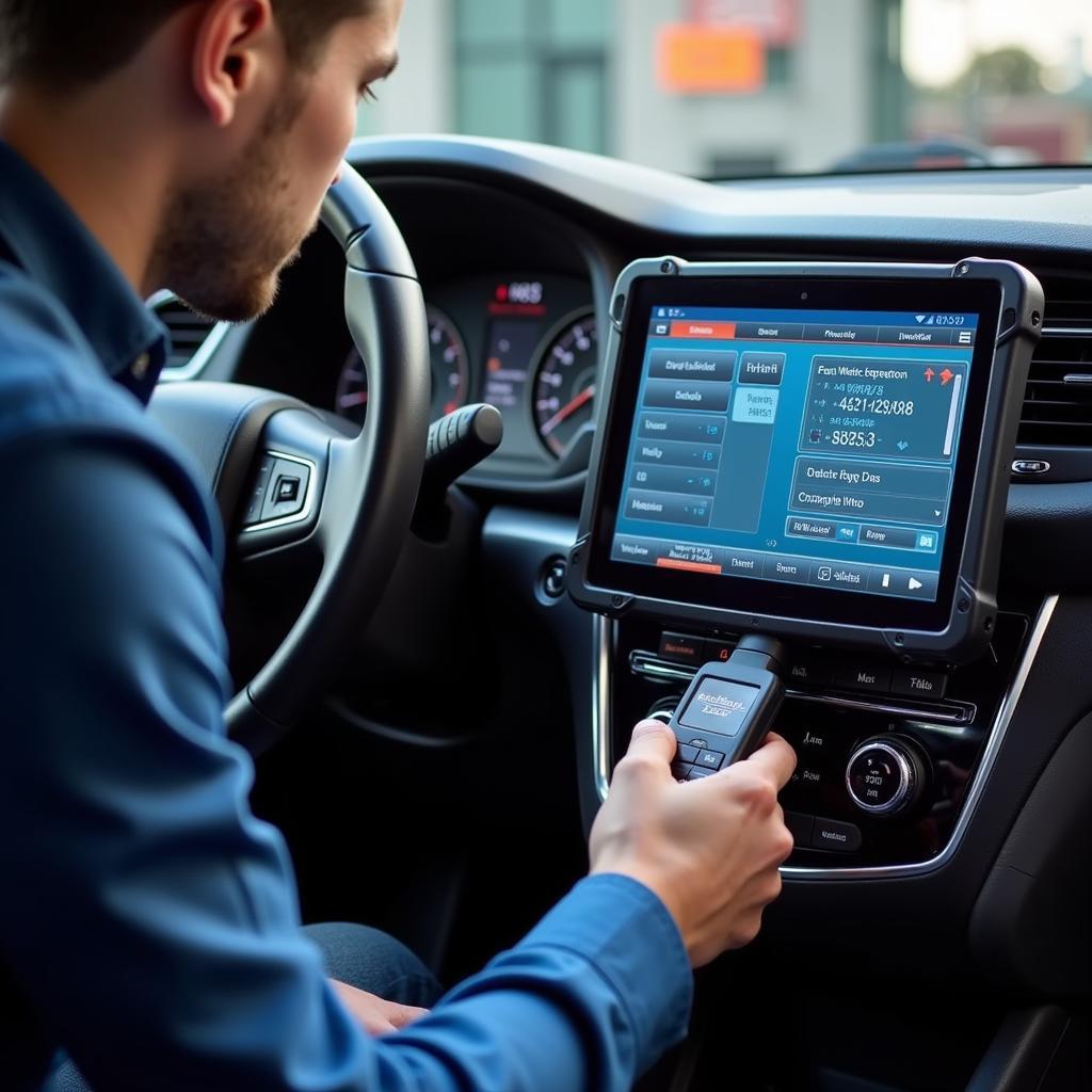 Technician using a hybrid diagnostic tool on a hybrid vehicle