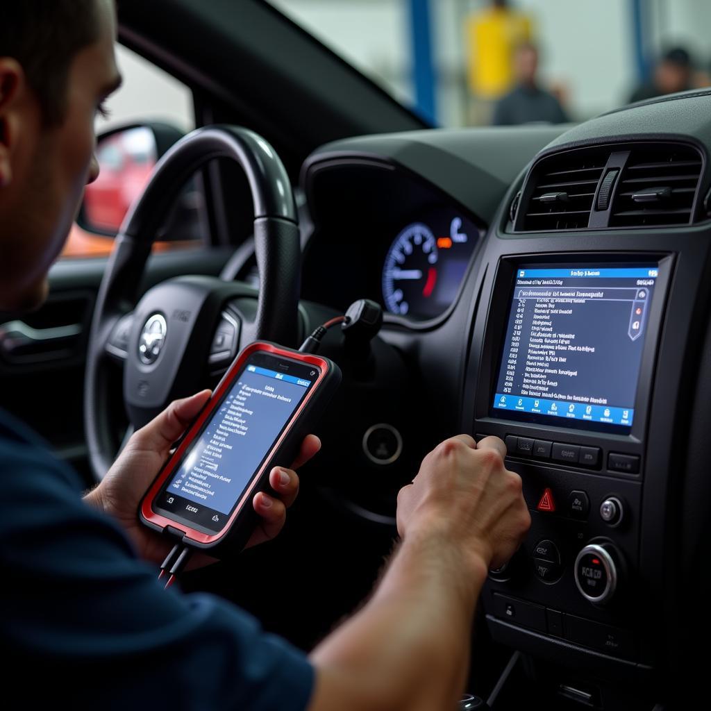 Mechanic using an iCar scan tool to read diagnostic trouble codes on a car