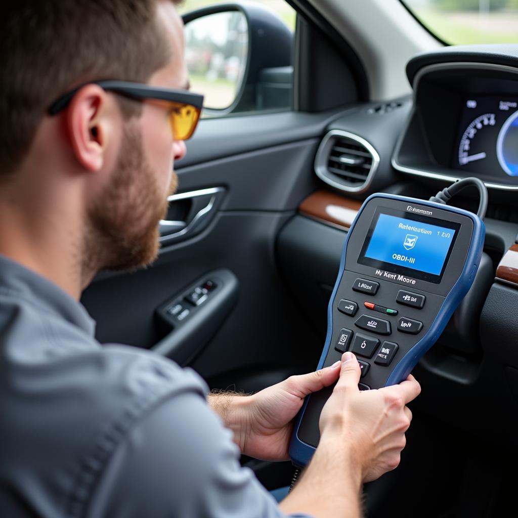 Technician using the Kent Moore diagnostic tool on a vehicle