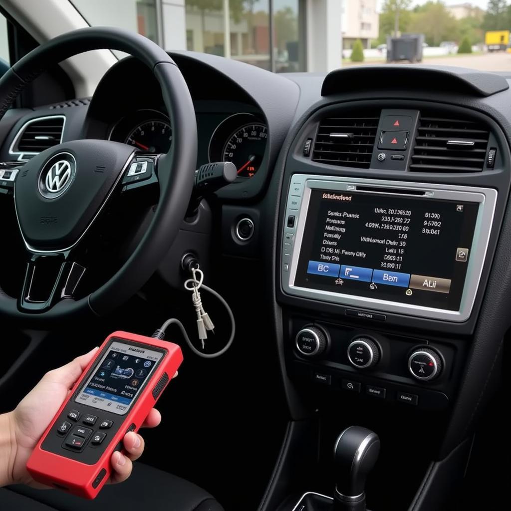 KW808 EOBD OBDII scanner connected to a Volkswagen's OBDII port