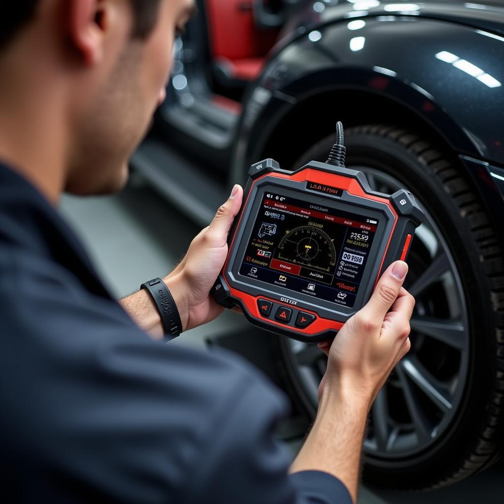 Launch CR619 Automotive Scanner Being Used by Mechanic