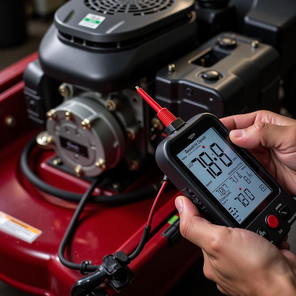 Technician using a diagnostic tool on a lawn mower engine.