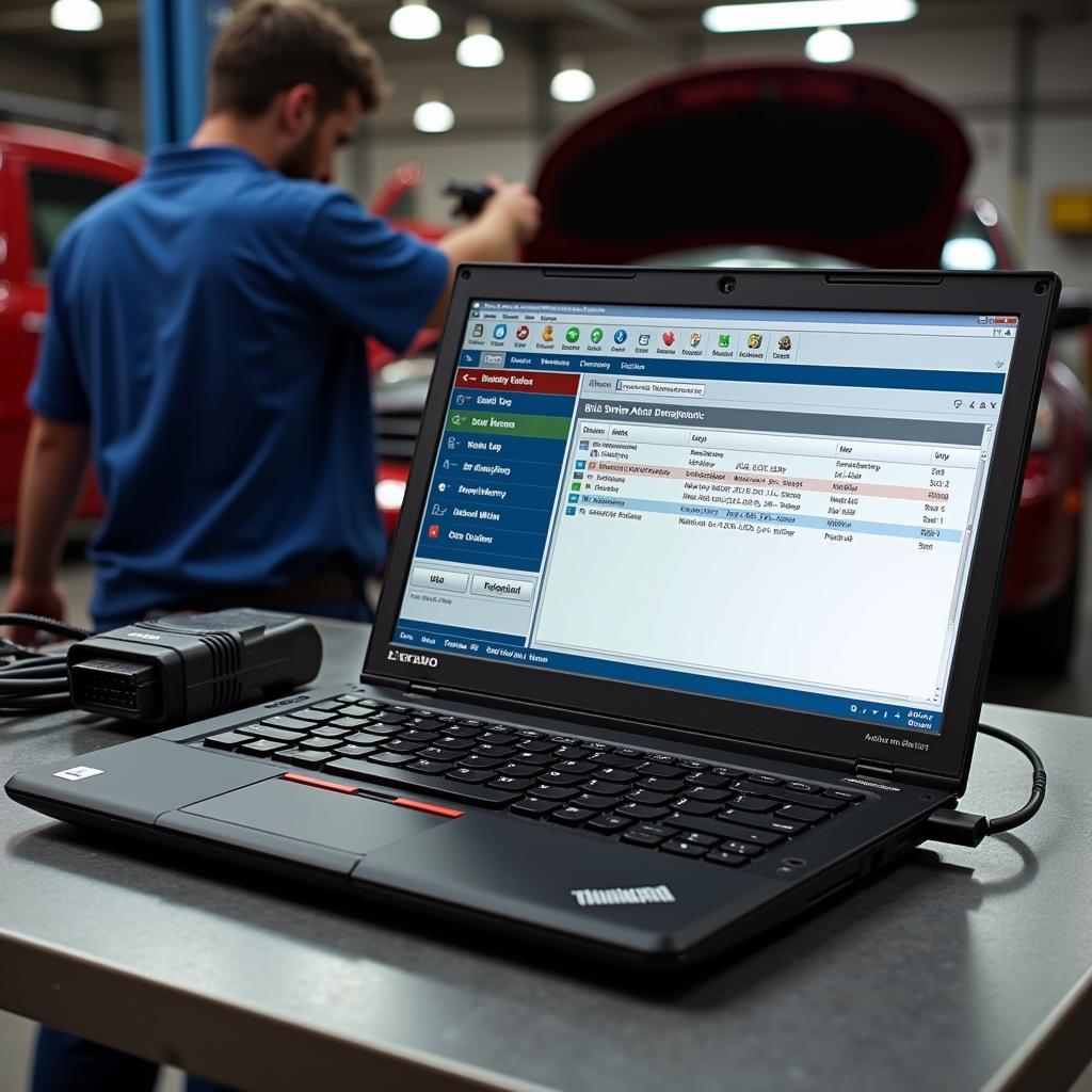 Lenovo Laptop Running Diagnostic Software Connected to Car