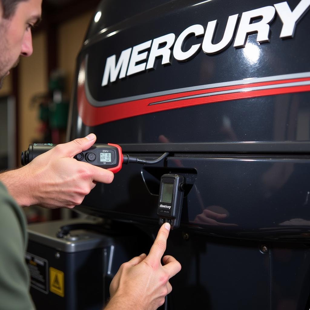 Mechanic Connecting Diagnostic Tool to Mercury Outboard