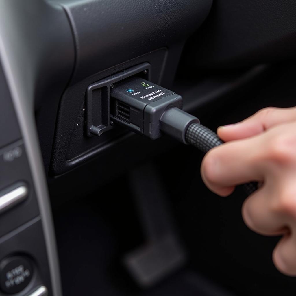 A mechanic connects a diagnostic tool to a car's OBD-II port.