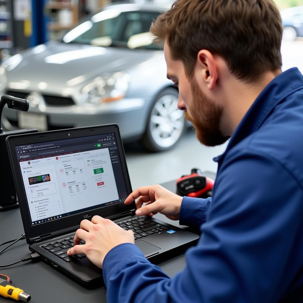 Mechanic researching online reviews for car scan tools