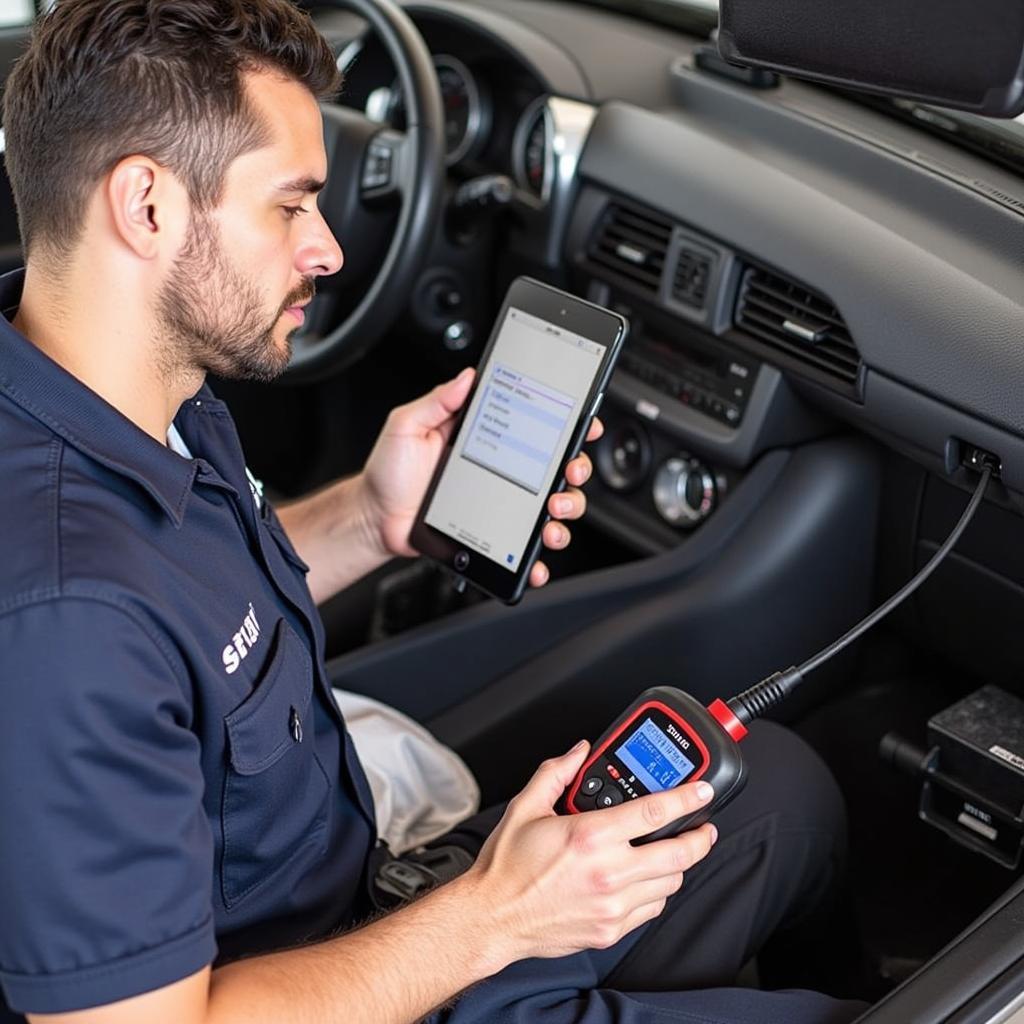 Mechanic Using B20 Mini OBD2 Scanner to Diagnose a Car Problem