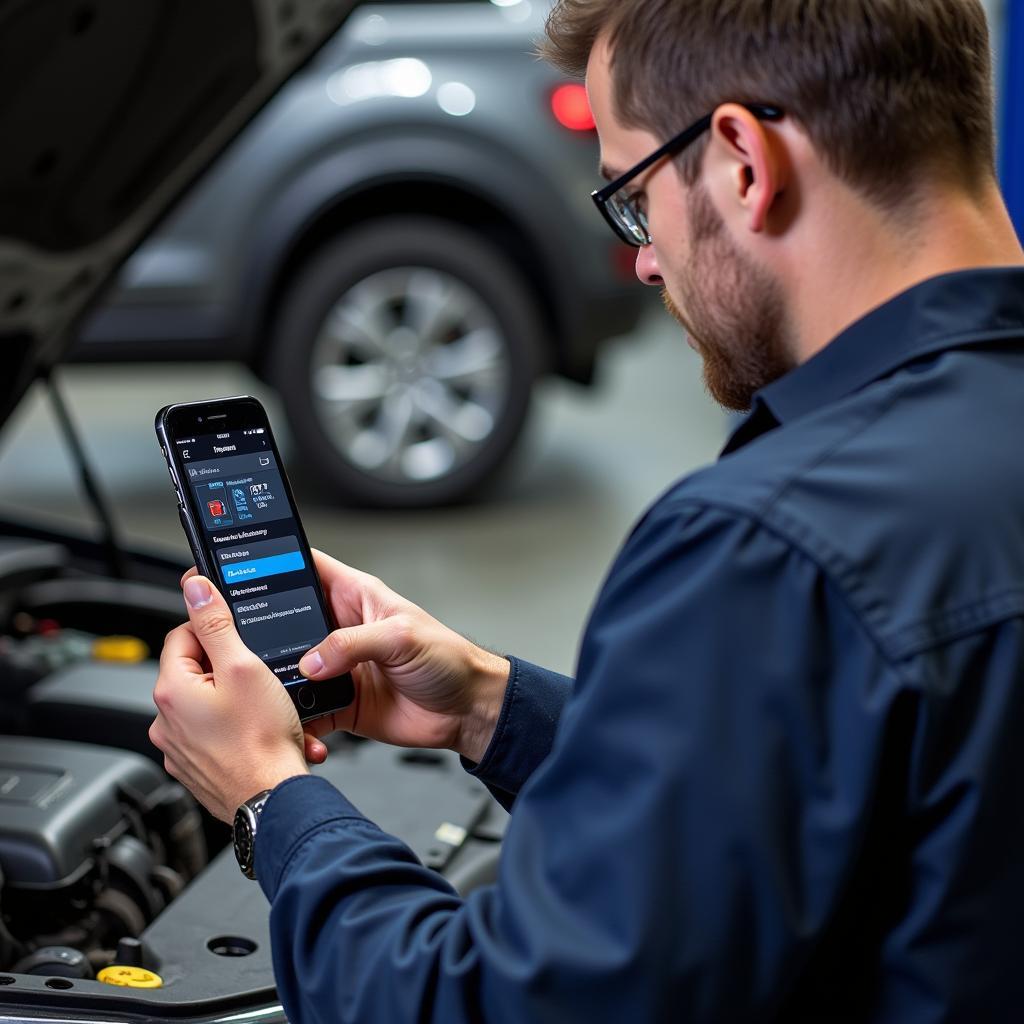 Mechanic using BlueDriver to diagnose a car problem