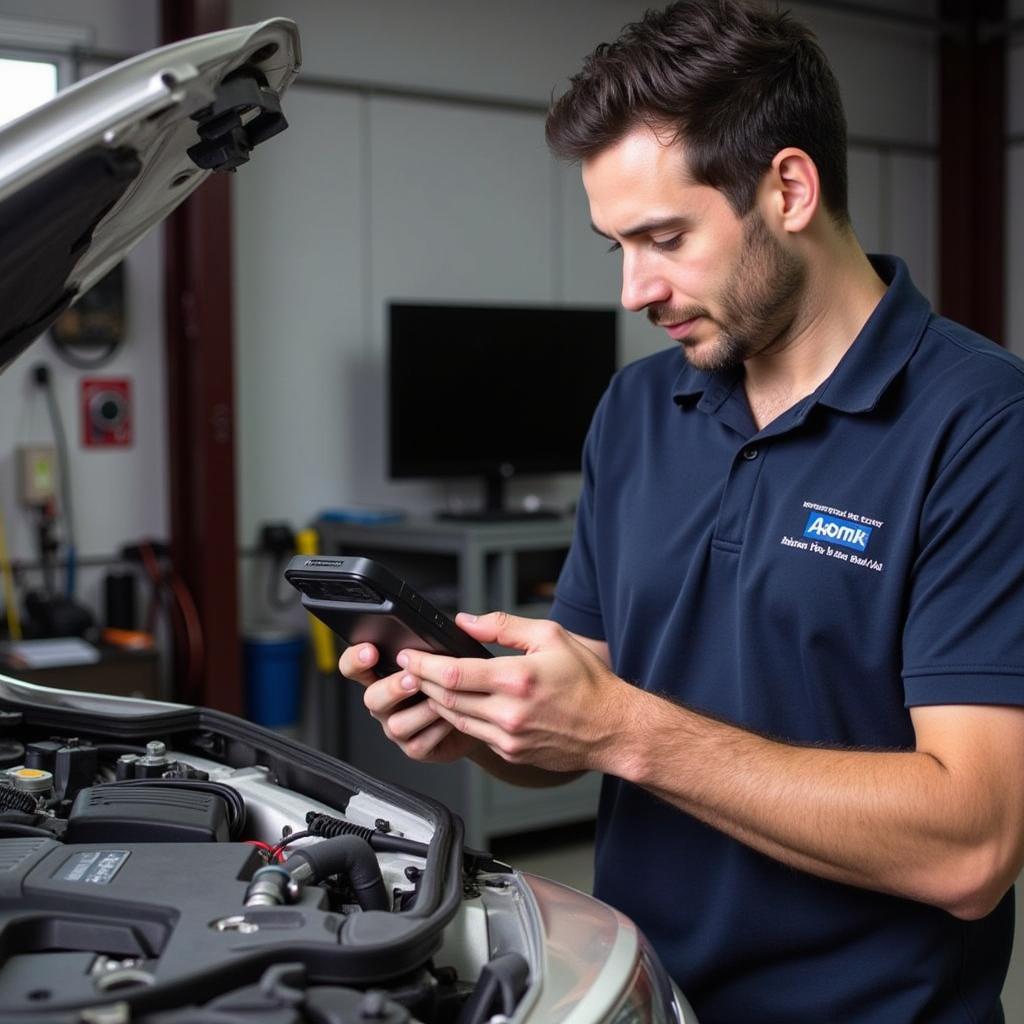 Mechanic Using BMW OBD Bluetooth Diagnostic Tool