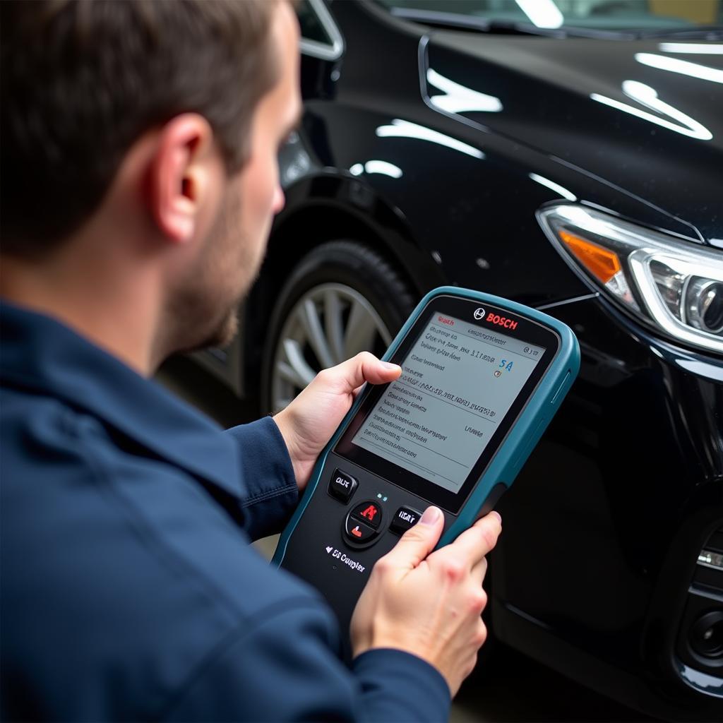 Mechanic Using Bosch Diagnostic Tool to Diagnose Car Problem