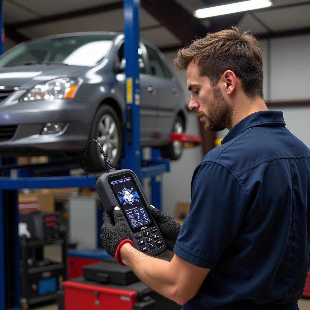 Mechanic Diagnosing Car Transmission with a Budget-Friendly Scan Tool