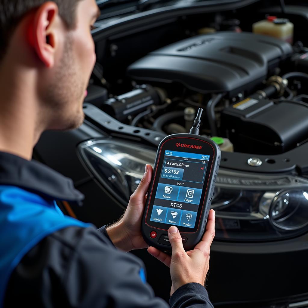 Mechanic Using Creader Scan Tool for Diagnostics