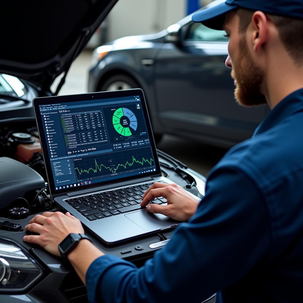 Mechanic Using Diagnostic Software to Troubleshoot a Car