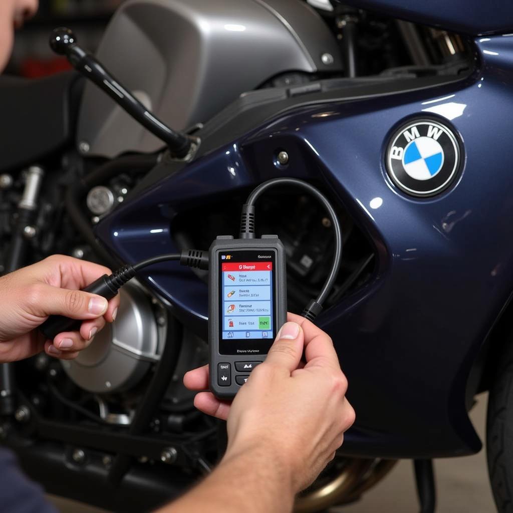 Mechanic Using Diagnostic Tool on BMW K1600 Engine