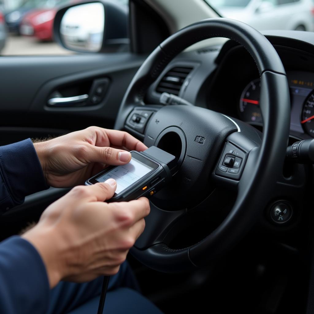 A mechanic connects a diagnostic tool to a car's OBD-II port.