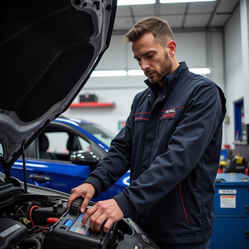 Mechanic Using Foxwell BT780 in a Garage