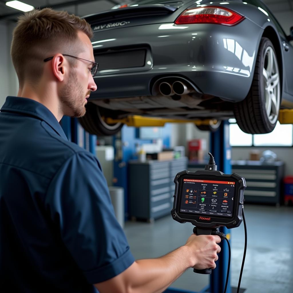 Mechanic Using Foxwell Scanner on a Porsche