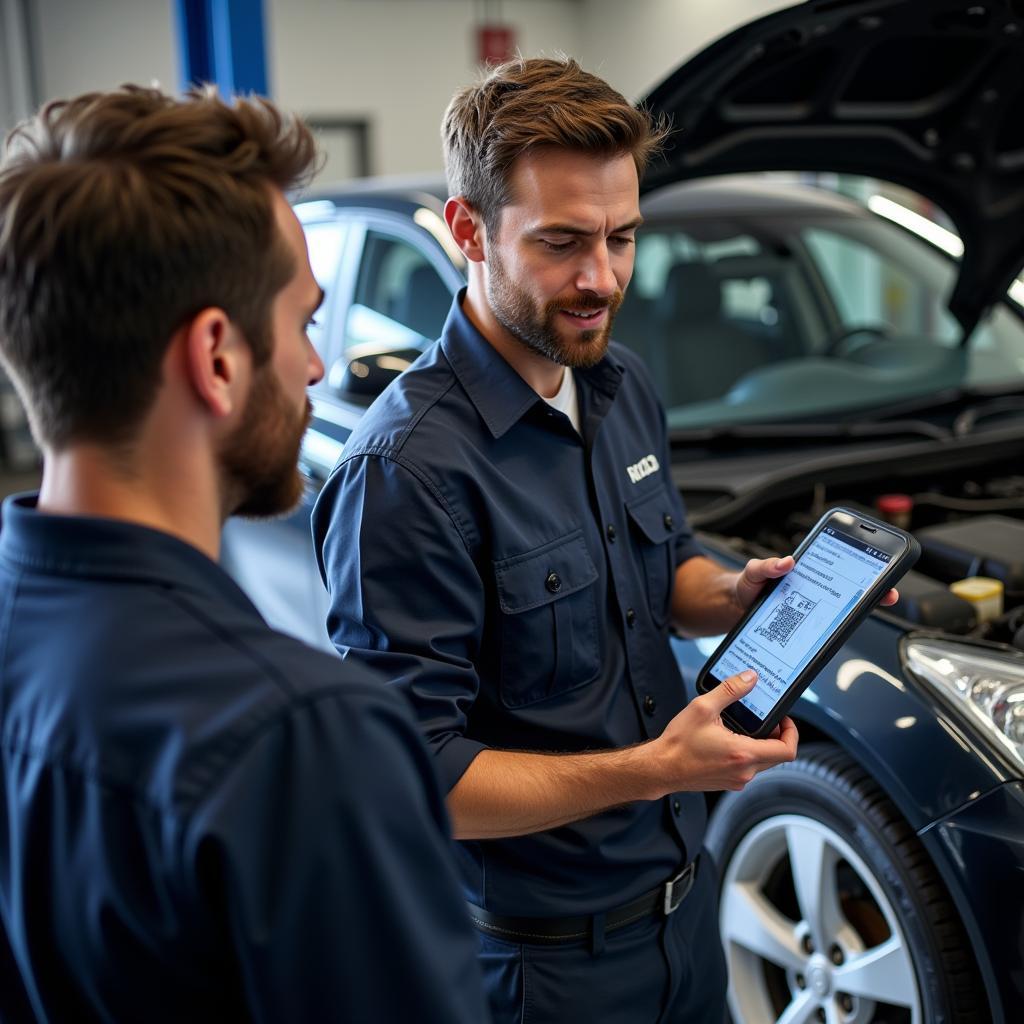 Mechanic diagnosing car issues with a free stock scanning tool