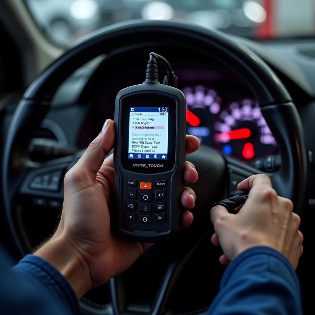 Mechanic Using Hyper Tough Scanner to Diagnose Check Engine Light