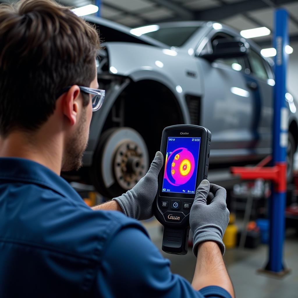 Mechanic Using Infrared Tool on Car Brake