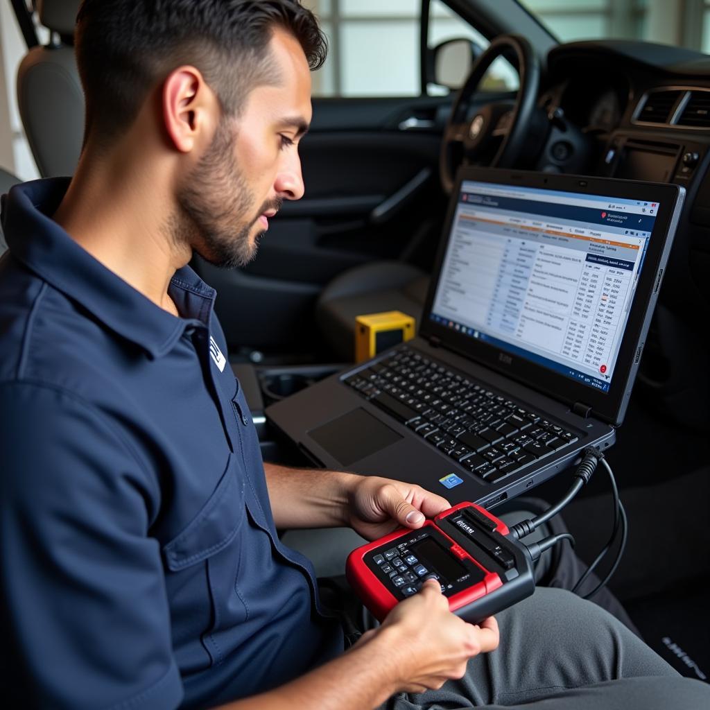 Mechanic Using J2534 Tool to Diagnose a Car