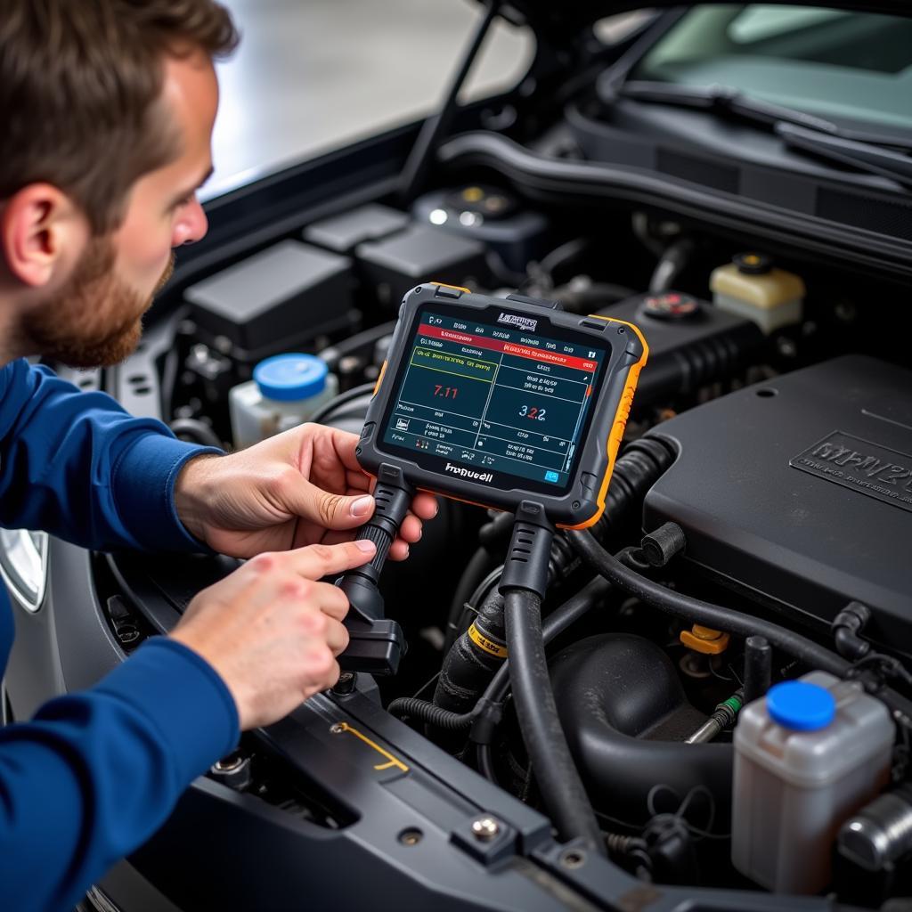 A mechanic using a Mayqueen Foxwell diagnostic tool on a car engine.