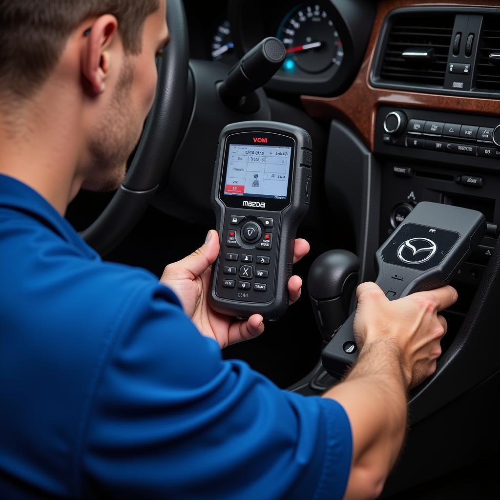 Mechanic Using Mazda VCM Diagnostic Tool