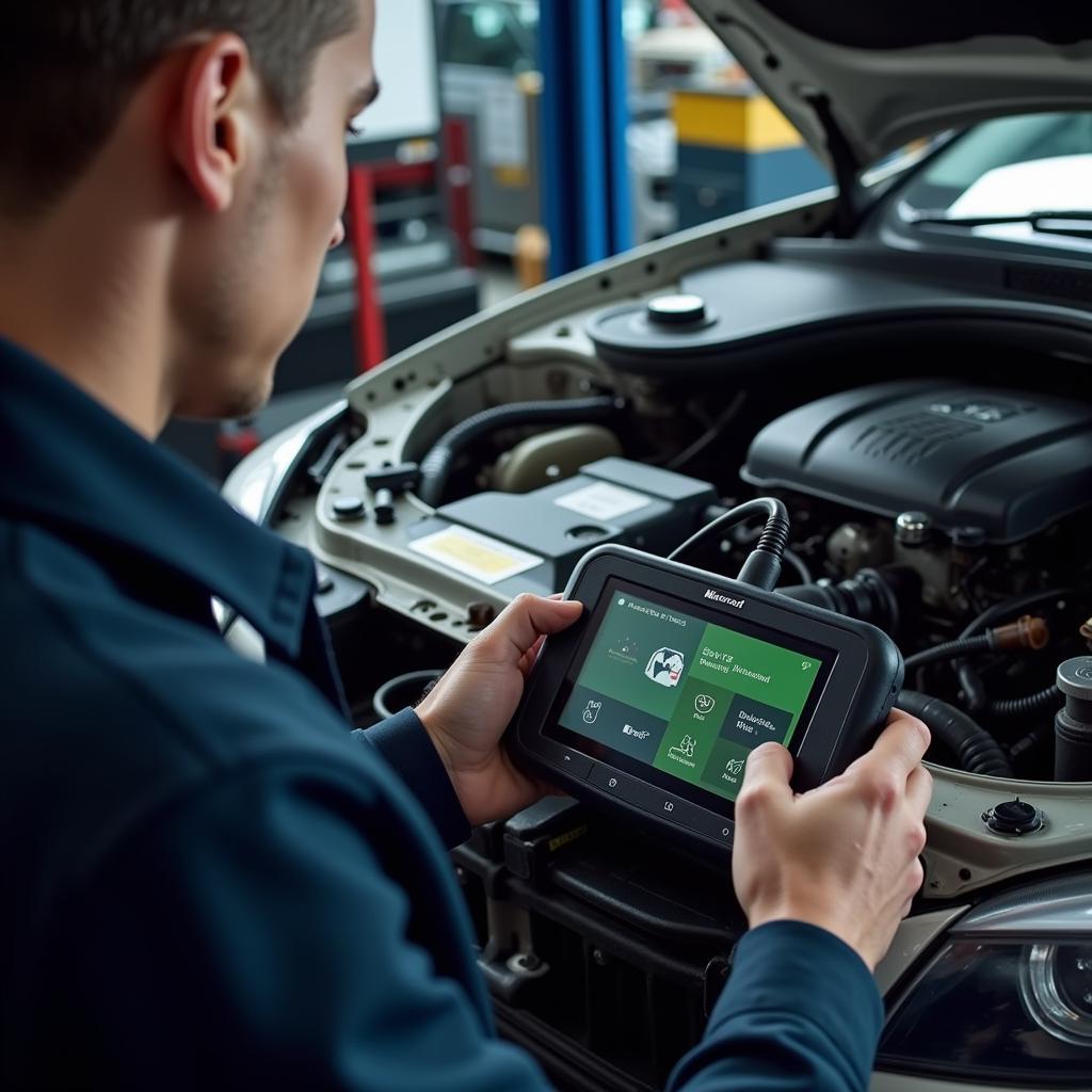 Mechanic Using Microsoft Diagnostic Tool on Car