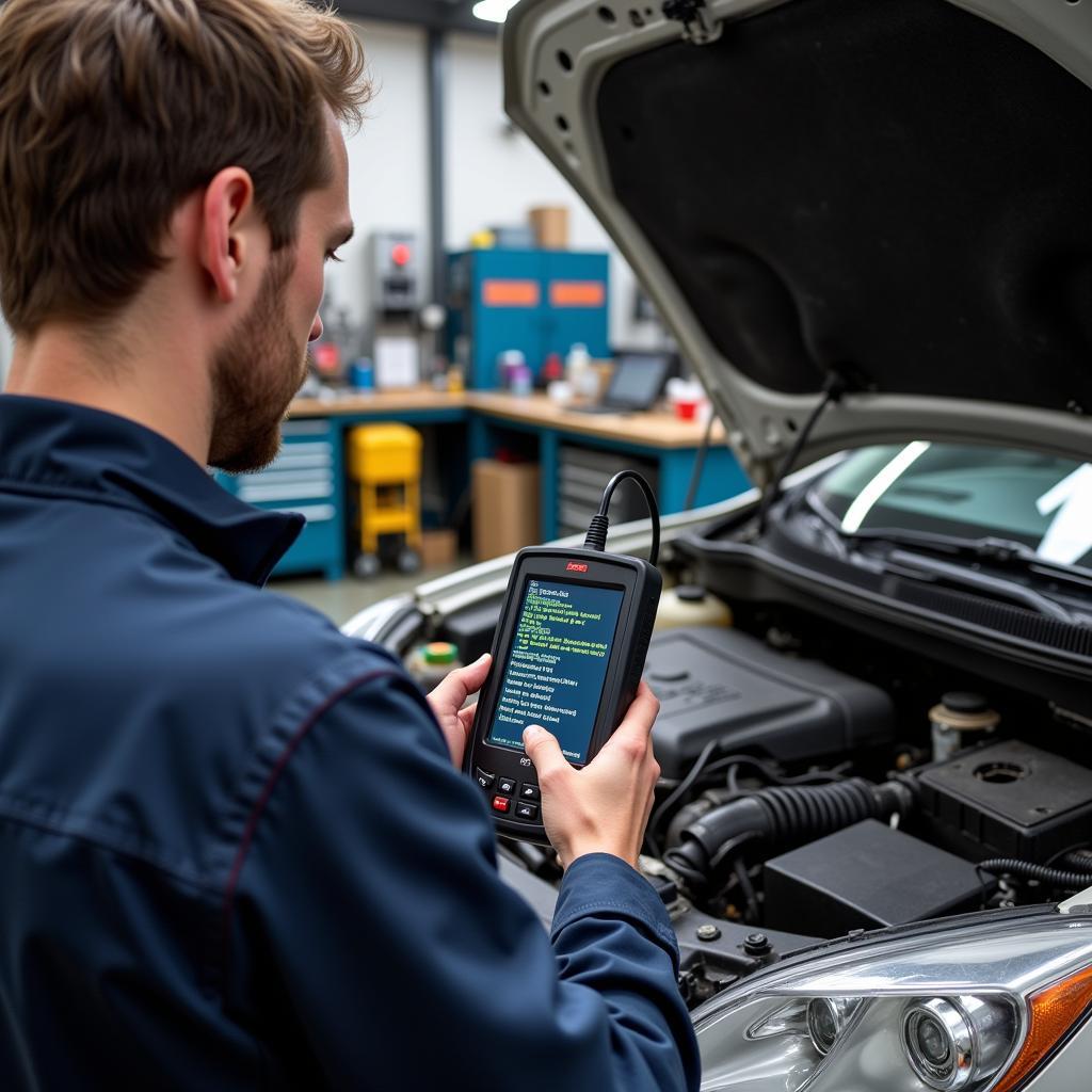 Mechanic Using MS309 OBD2 Scanner in a Repair Shop