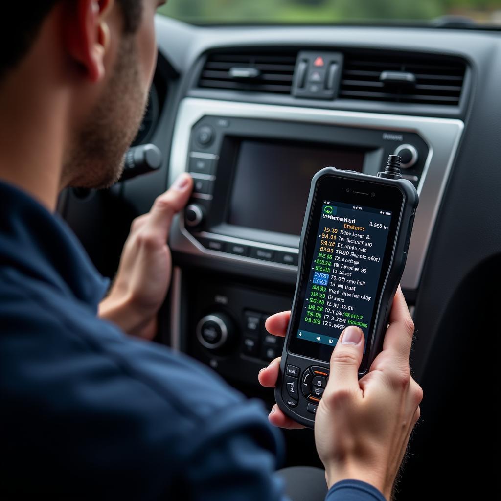 Mechanic using an OBDII scanner to diagnose a car problem