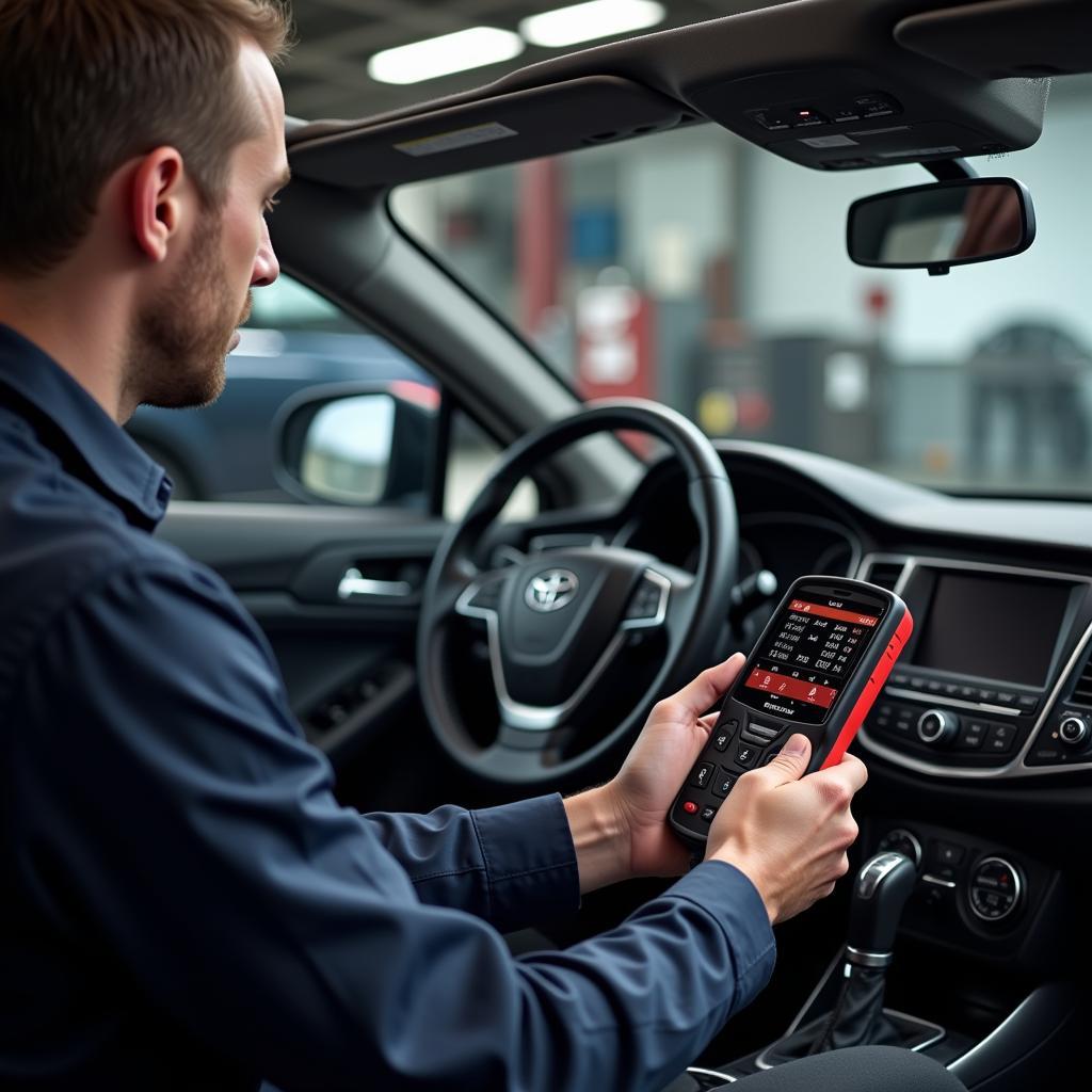 Mechanic Using an OE Level Scan Tool to Diagnose Car Problems