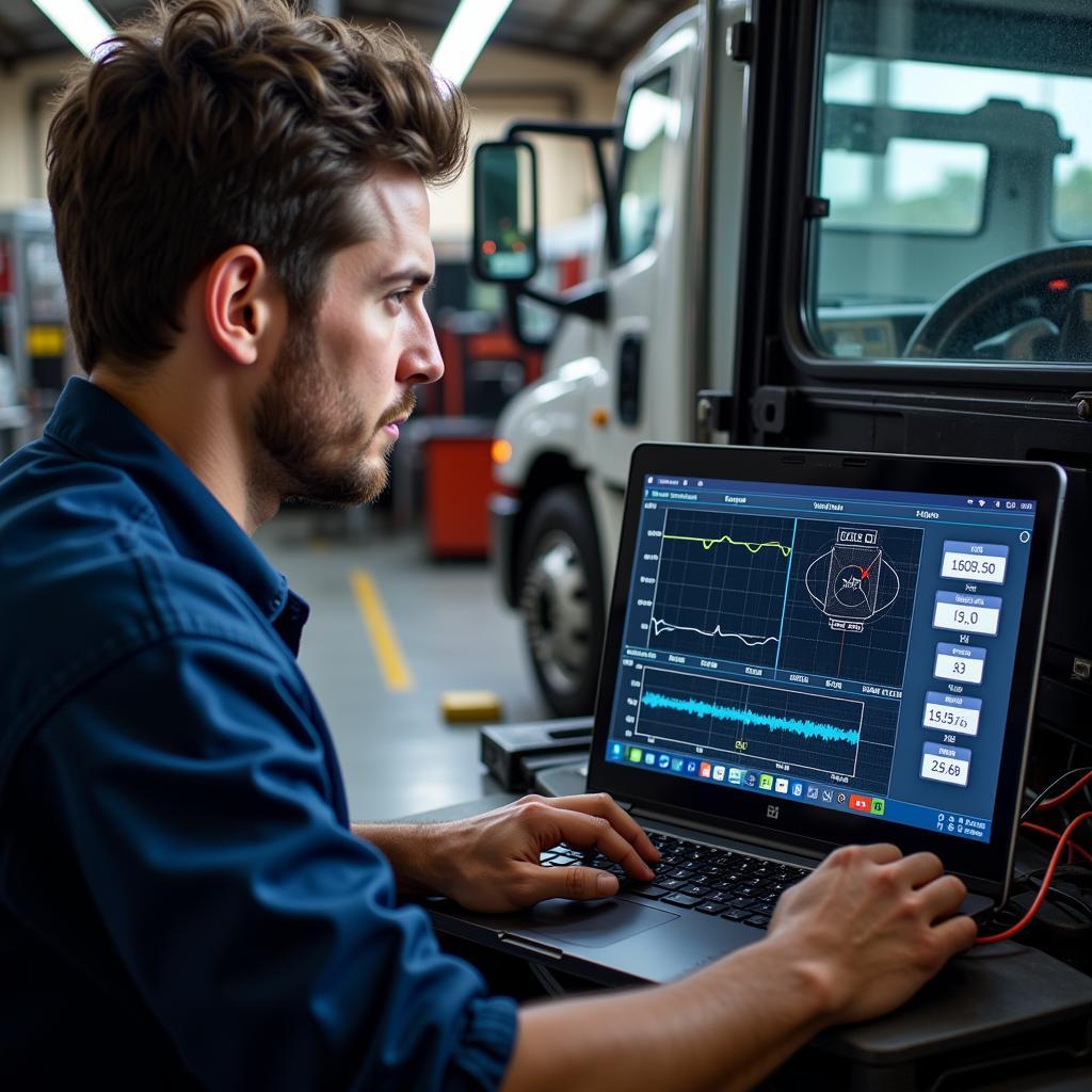 Mechanic diagnosing truck with pc-based software