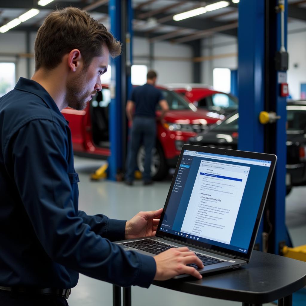 Mechanic Using PCI Scanning Tool on Laptop