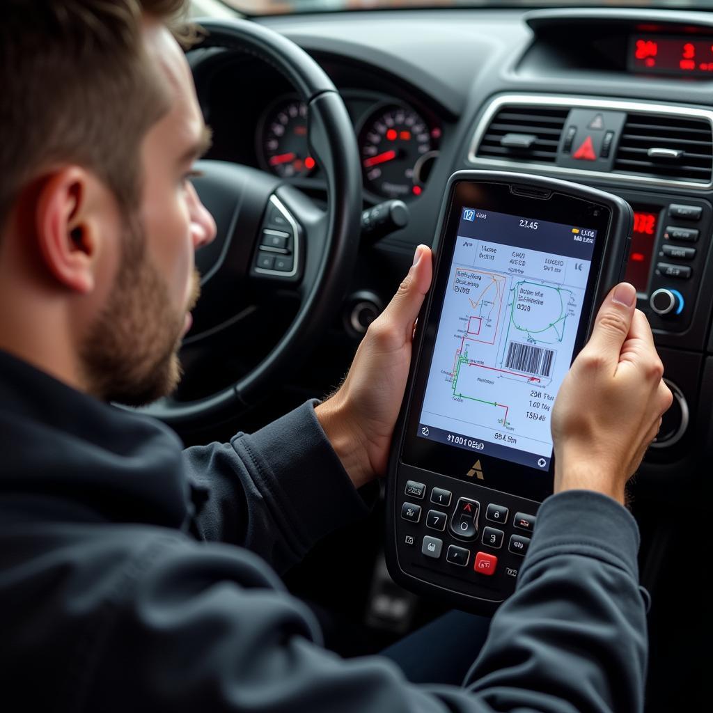 Mechanic using professional scan tool on Mitsubishi Lancer