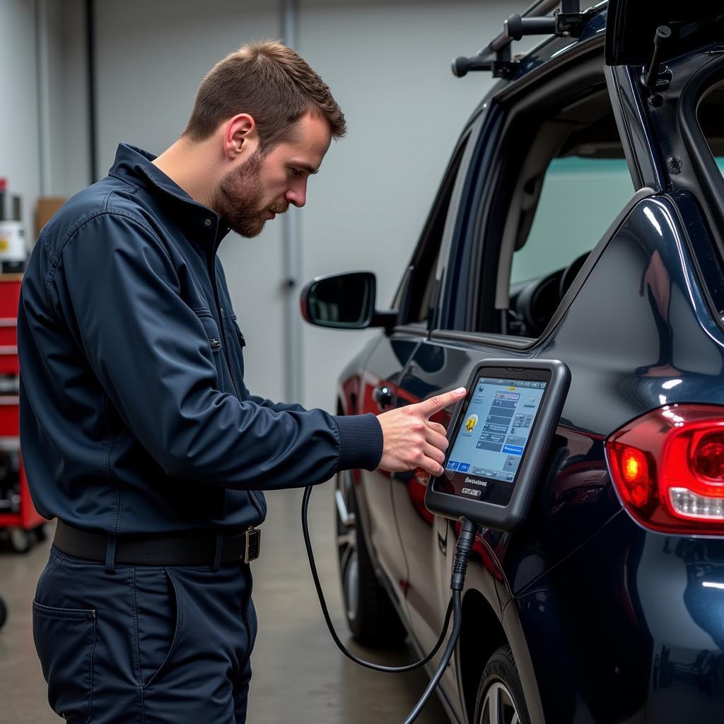 Mechanic Using Professional Scan Tool in Workshop