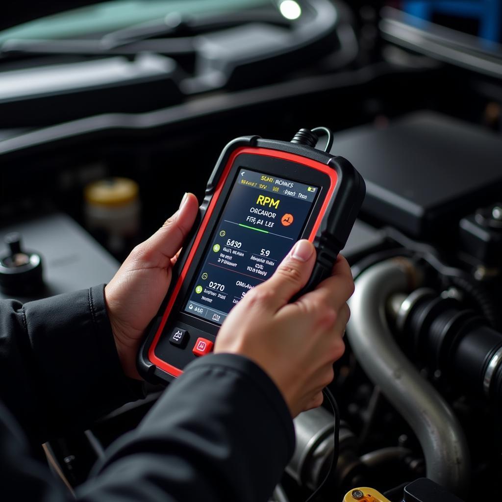 Mechanic Using a Professional Scan Tool to Diagnose Engine Problem