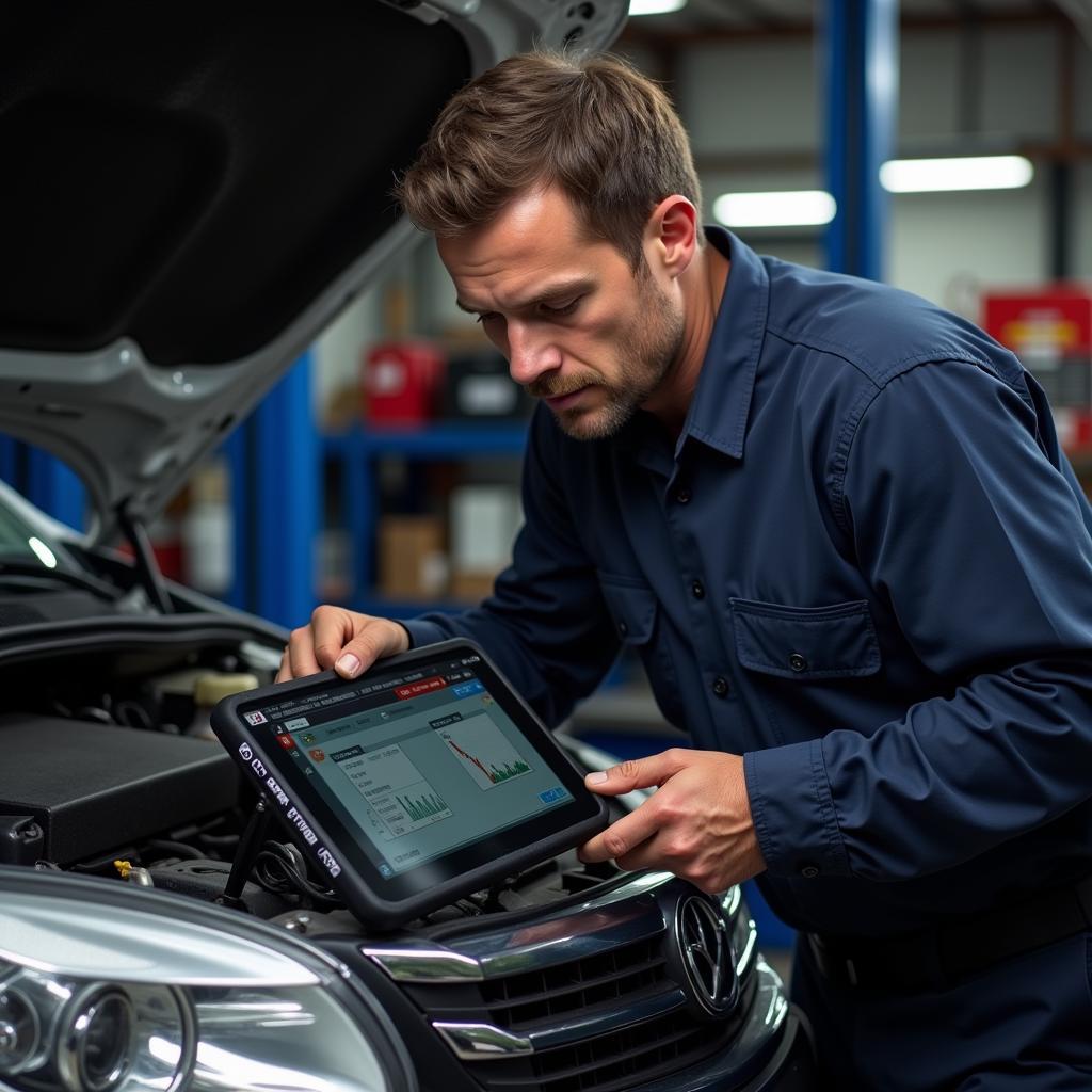 Mechanic using a scan tool to diagnose a car problem