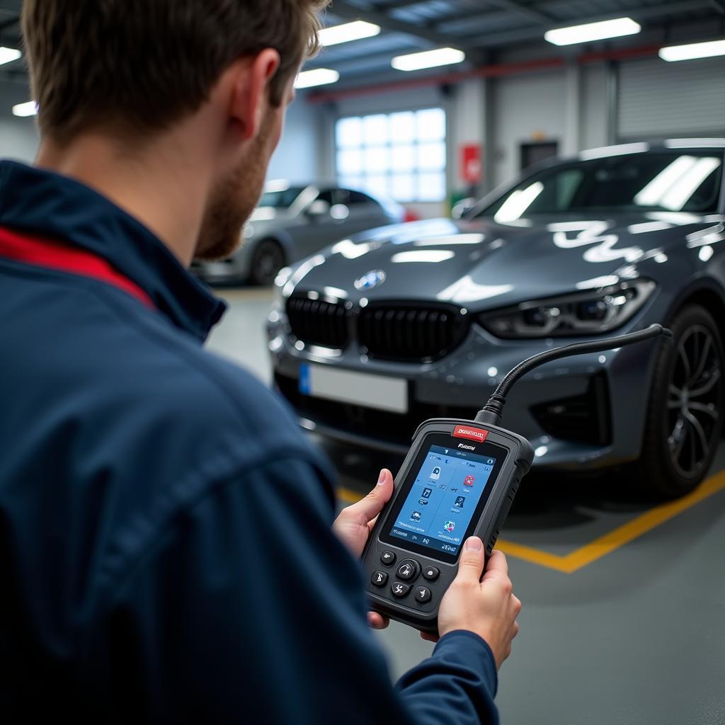 Mechanic Using Scan Tool on European Car