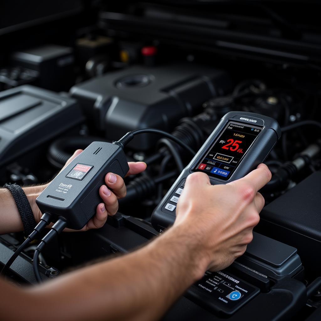 Mechanic using a Scan Tool to Check Transmission Temperature