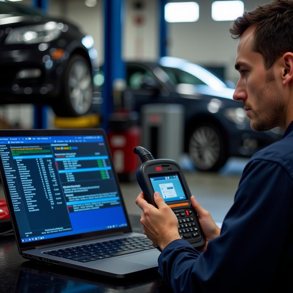 Mechanic using an SSD diagnostic tool on a laptop to analyze car data.