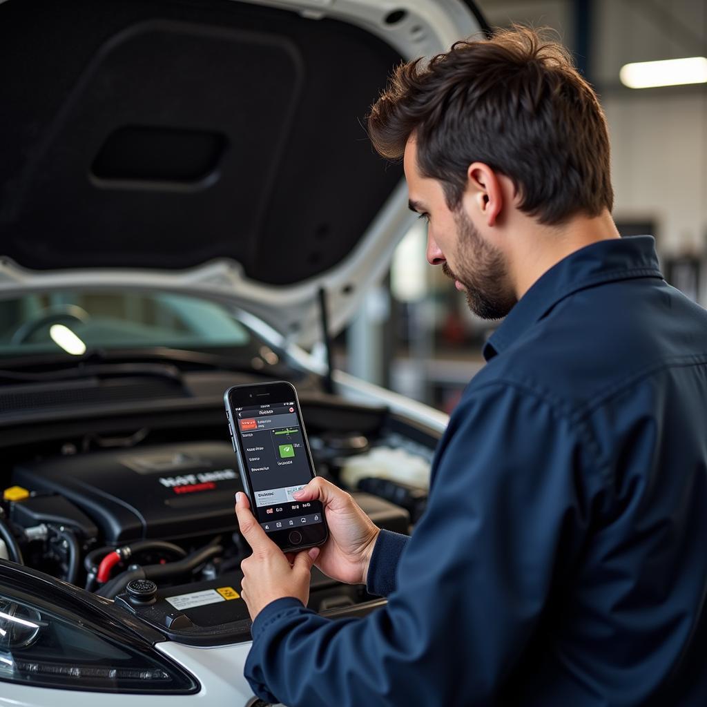 Mechanic Using Task Mobile Smartphone Scan Tool on a Car