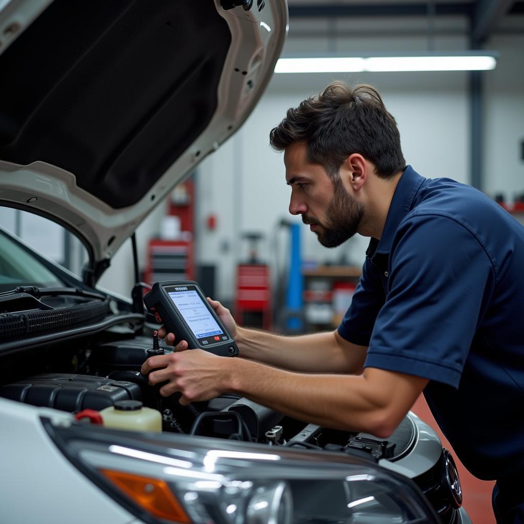 Mechanic Using Tech 2 in a Workshop