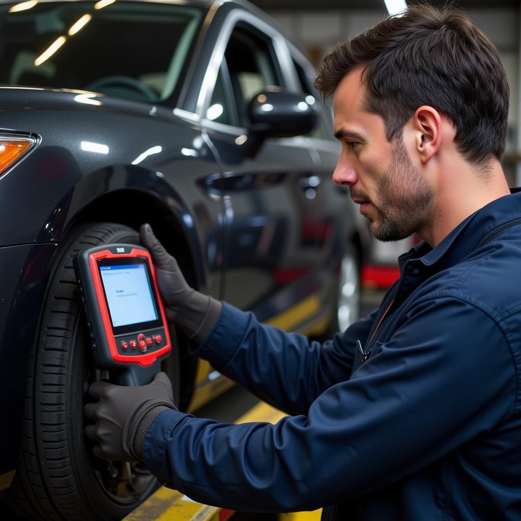 Mechanic Using Tech2 Scanner on a Car