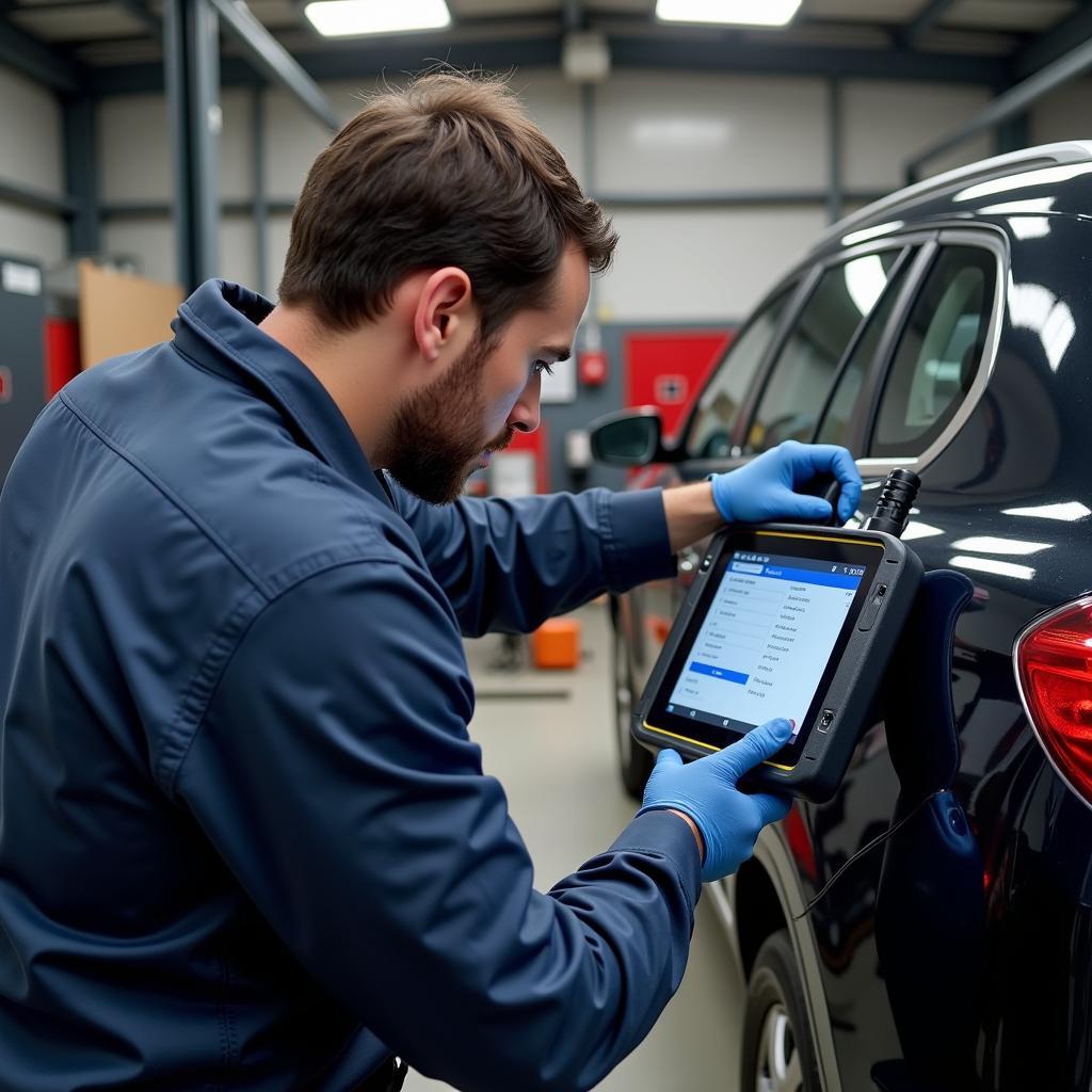 Mechanic Using Ultra Scanner Car in Workshop