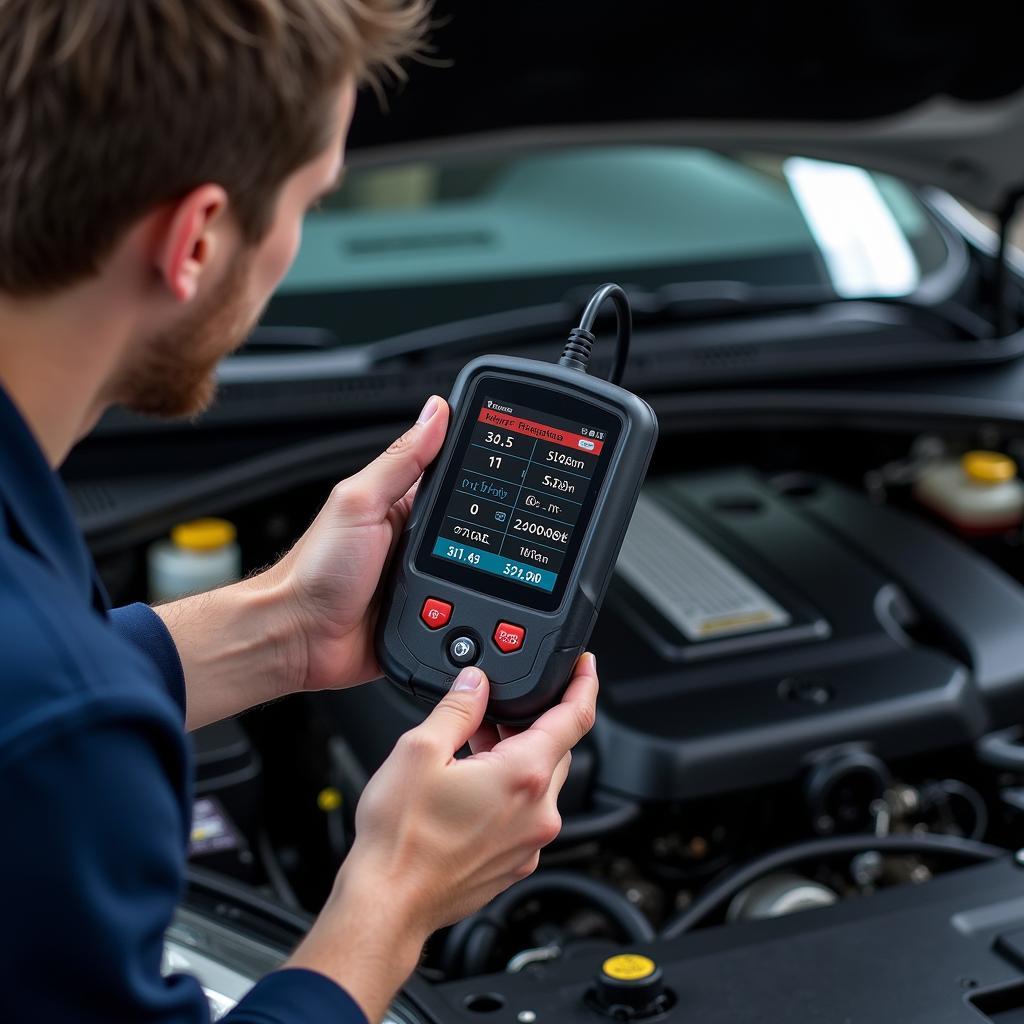 Mechanic Using a Universal Car Engine Scanner