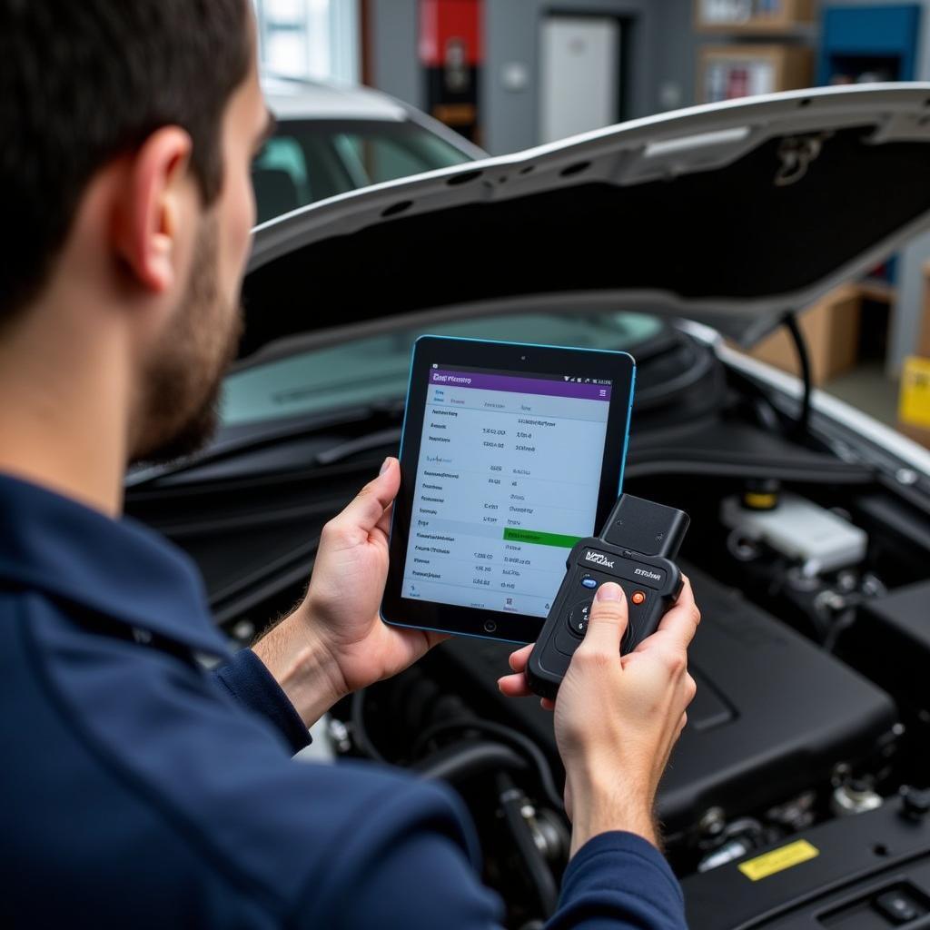 Mechanic Using VeePeak OBD Reader in Workshop