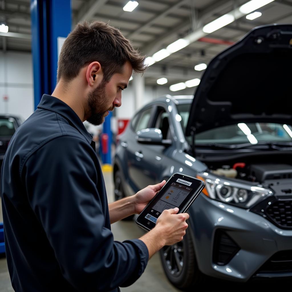 Mechanic Using W2977 Scan Tool in Auto Repair Shop